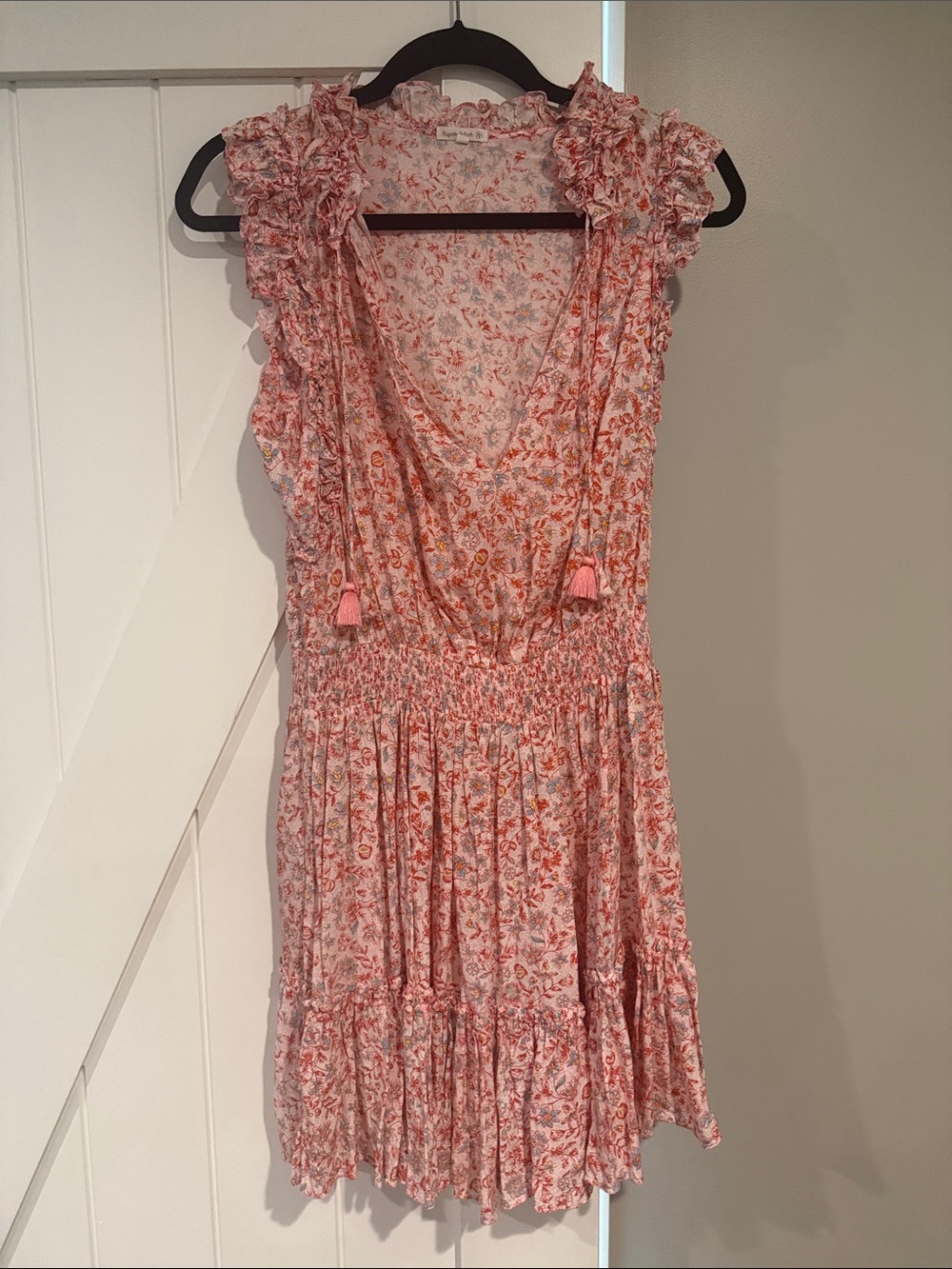 Poupette St Barth Floral Ruffle V-Neck Popover Dress in Coral Pink